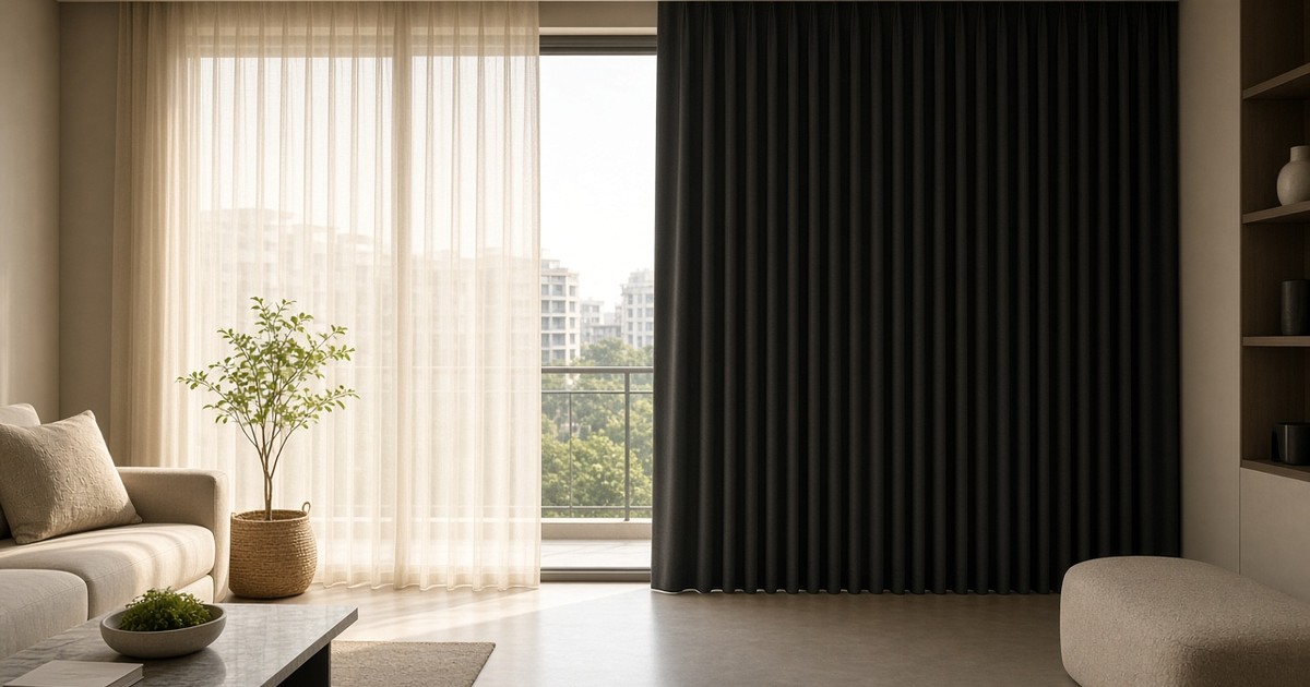 A living room window dressed half in cream sheer curtains letting soft daylight in and half in a closed charcoal blackout curtain, with a balcony rail, trees and apartment towers outside.