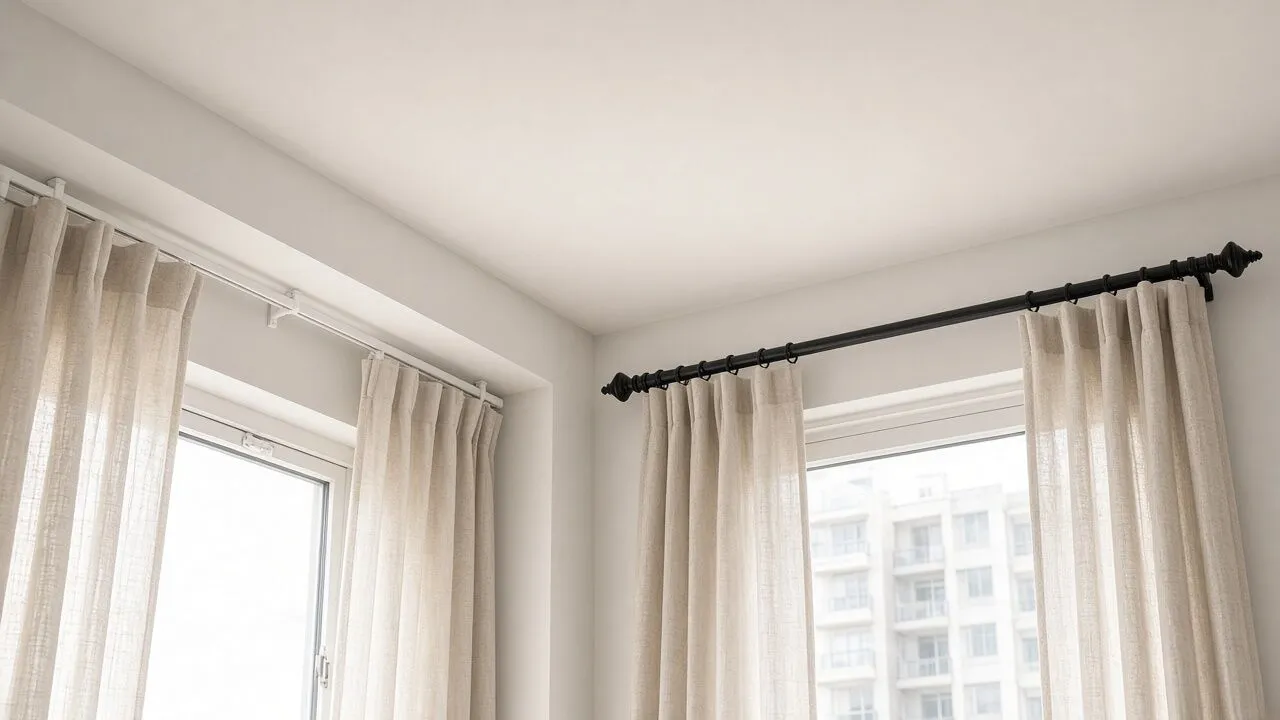 Hello Sun ceiling-mounted curtain track and a metal curtain rod above a window with linen curtains