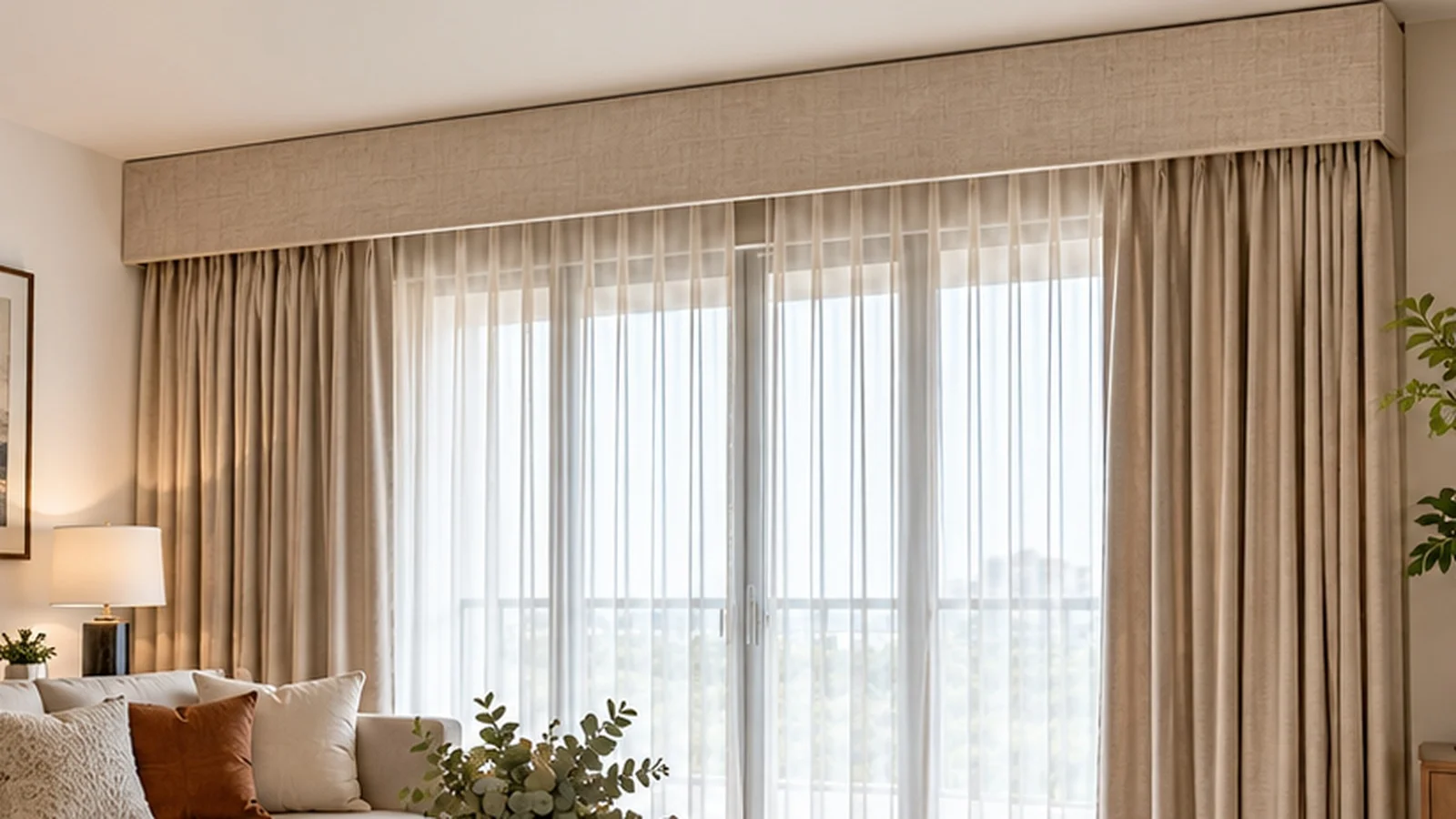 Fabric-covered curtain pelmet above layered sheer and beige curtains in a modern living room.