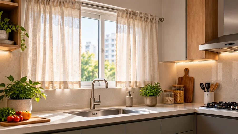 Short beige kitchen curtains above a sink in a modern apartment kitchen, away from the cooking stove.