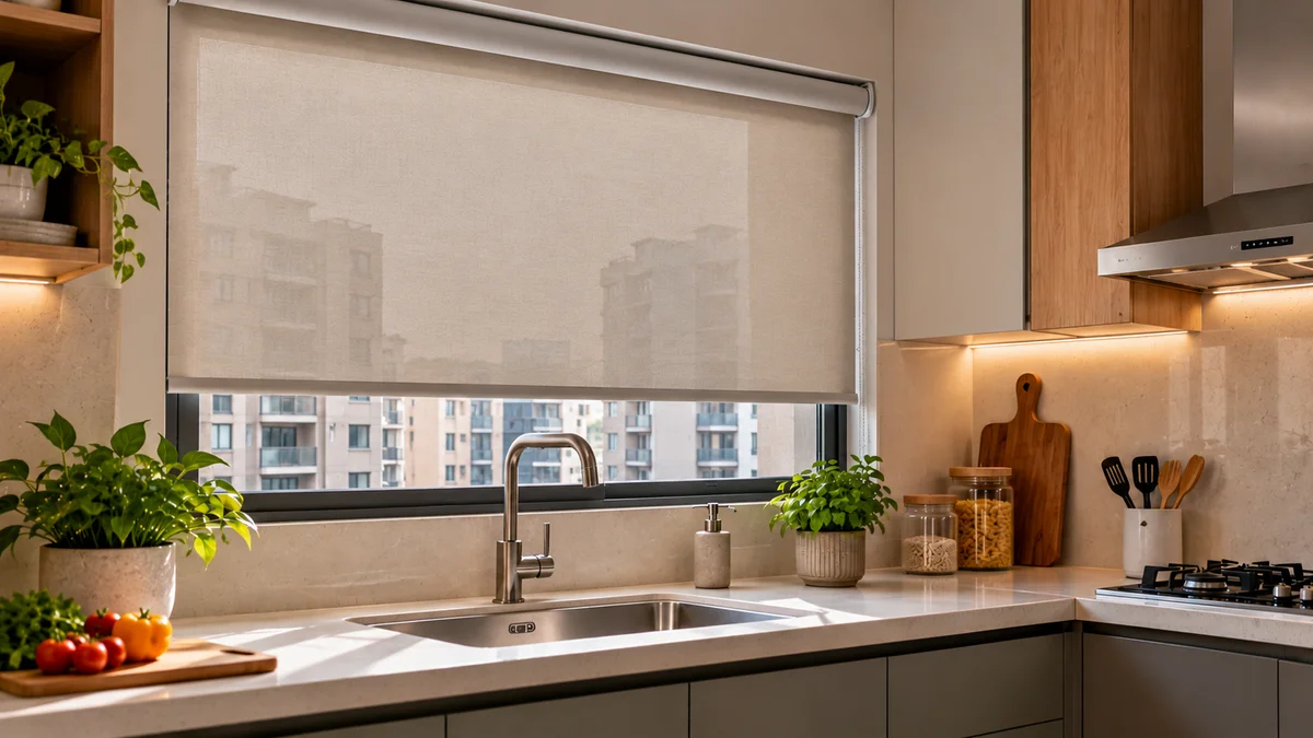 Light beige roller blind filtering daylight above a kitchen sink in a modern apartment.