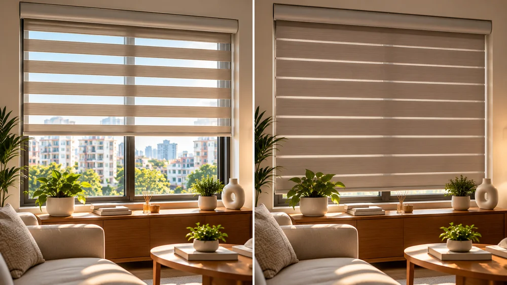 Side-by-side comparison of zebra blinds with sheer bands open for daylight and solid bands closed for privacy