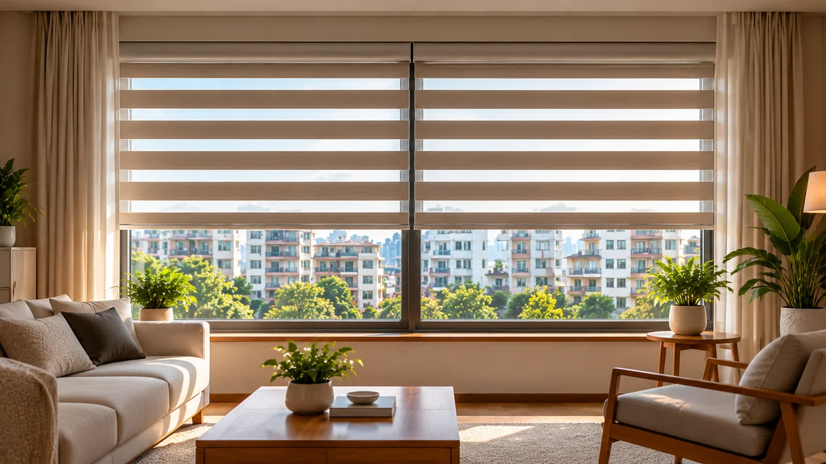 Two beige zebra blinds with aligned horizontal sheer and solid bands across a wide living room window.