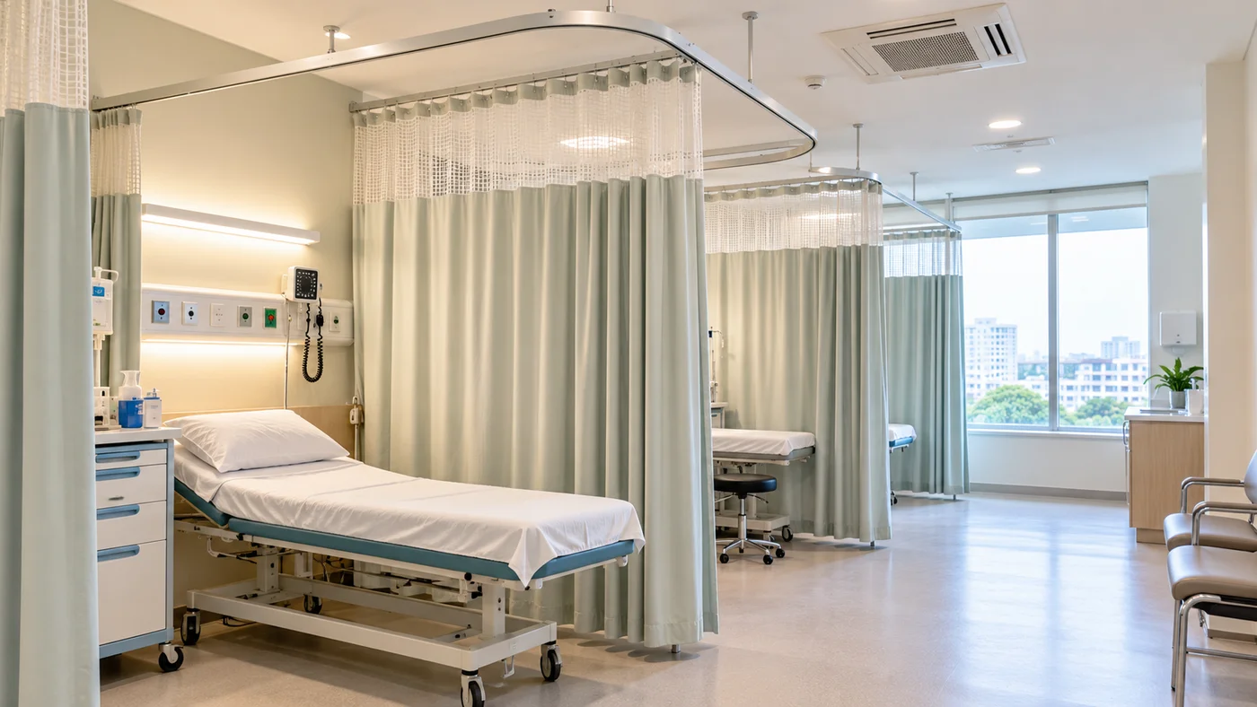 U-shaped ceiling-mounted cubicle curtain track surrounding an examination bed in a modern clinic.