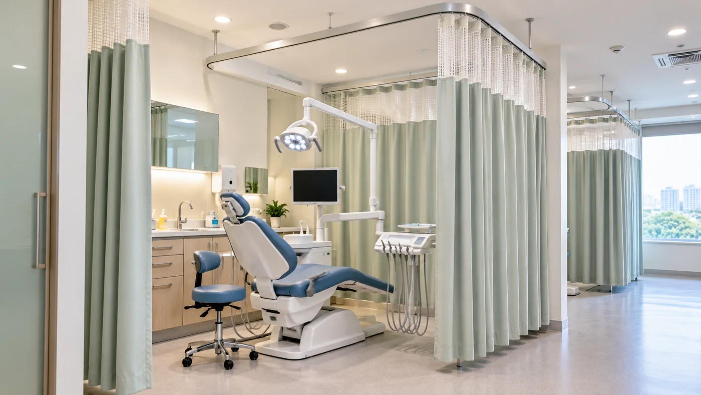 Dental treatment chair with overhead examination light and ceiling-mounted cubicle privacy curtains.