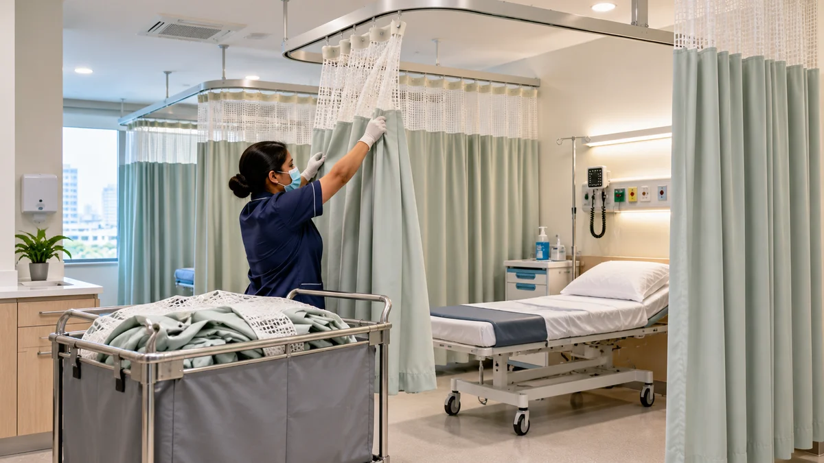 Healthcare worker removing a clinic cubicle privacy curtain from a ceiling track beside a laundry trolley.